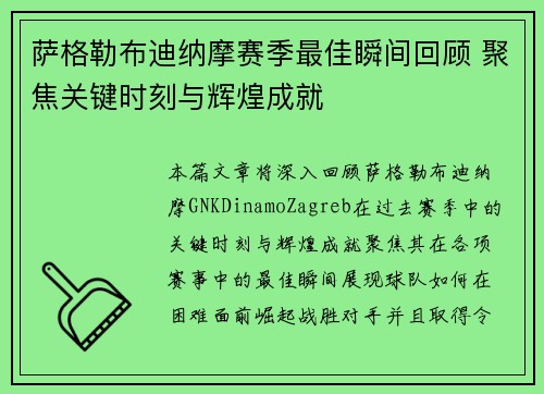 萨格勒布迪纳摩赛季最佳瞬间回顾 聚焦关键时刻与辉煌成就 萨格勒布迪纳摩赛季最佳瞬间回顾 聚焦关键时刻与辉煌成就